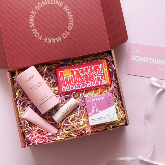 Mini brighten your day gift box with Tony's chocolate, clary sage shower steamer and Huxter lip balm