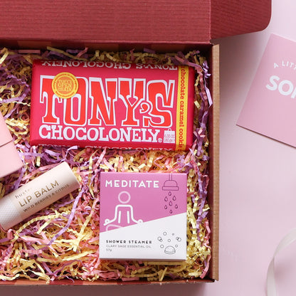 Mini brighten your day gift box with Tony's chocolate, shower steamer and Huxter lip and hand cream duo