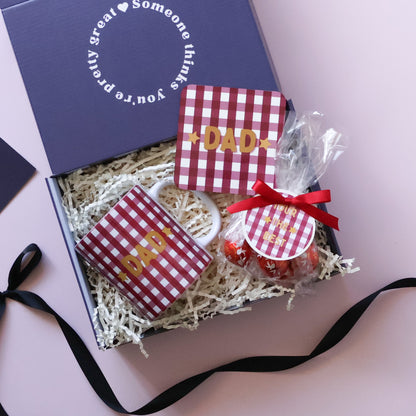 Mini Father's Day gift box with a personalised name mug, gingham Dad coaster and Lindt chocolates