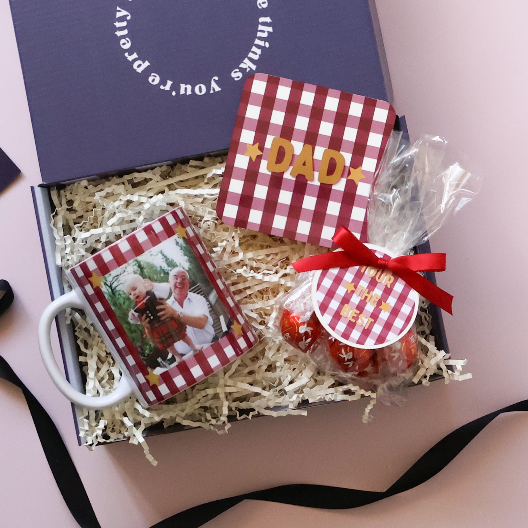 Mini Father's Day gift box with a personalised photo mug, gingham Dad coaster and Lindt chocolates