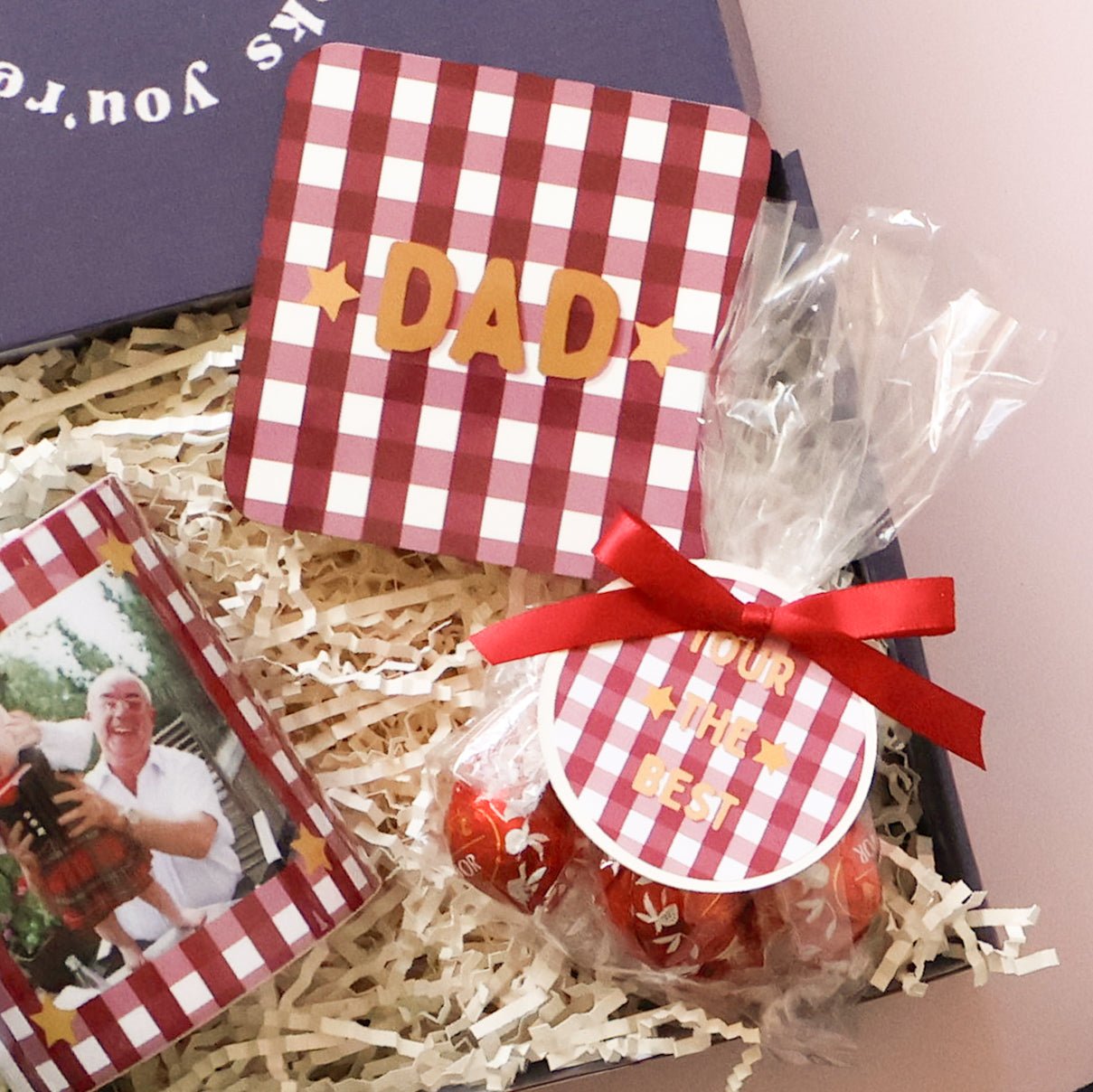 Gingham Dad coaster with Lindt chocolates and a personalised photo mug, Father's Day gift box
