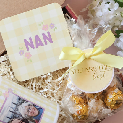NAN yellow gingham floral coaster and gold Lindt truffles with yellow bow — Mini Mother's Day gift set Perth by The Goodie Box