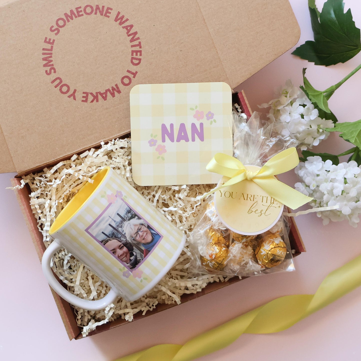 Mini Mother's Day personalised photo mug gift set for Nan Perth — yellow gingham mug, NAN coaster and gold Lindt truffles by The Goodie Box