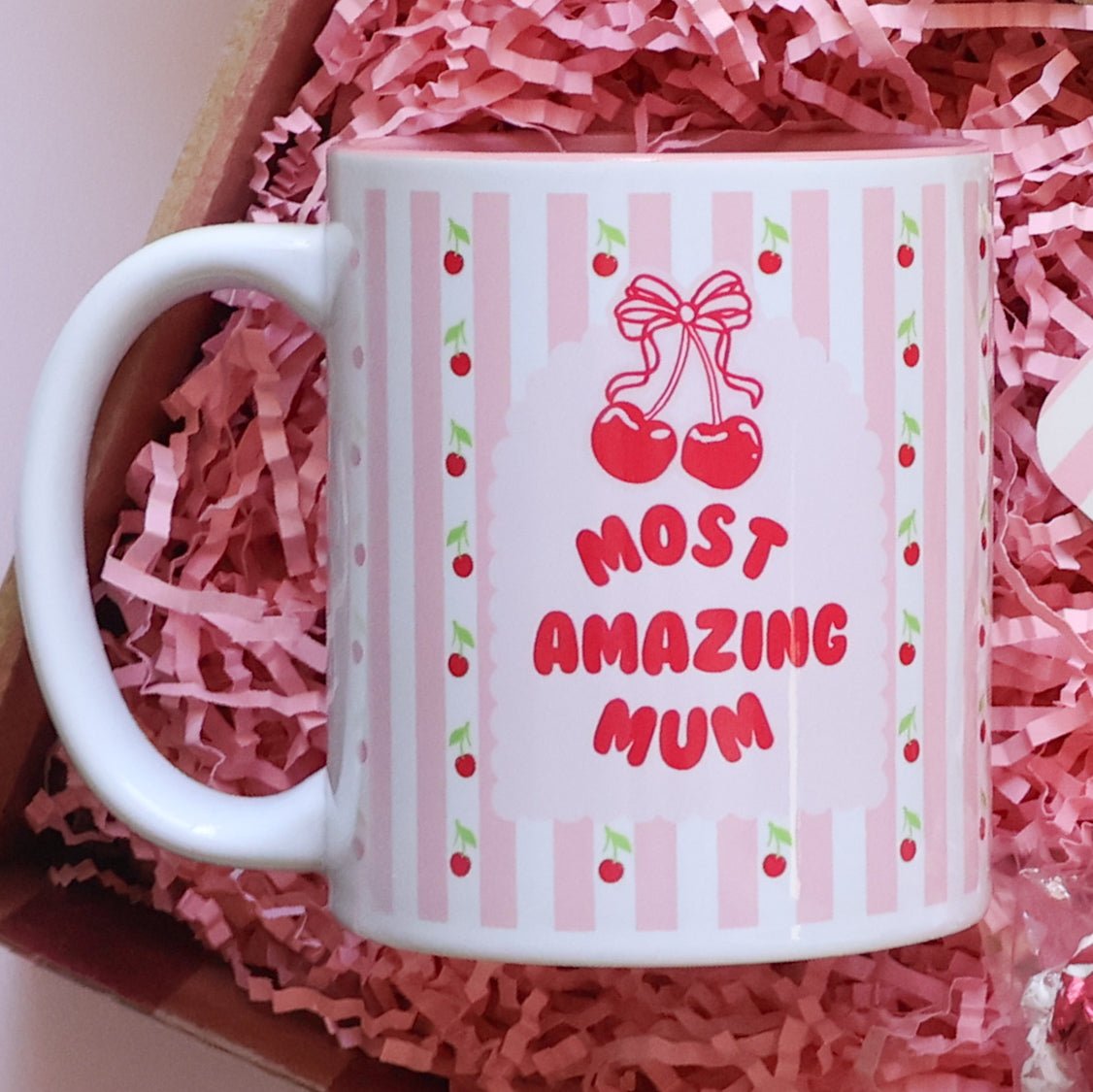 Most Amazing Mum cherry stripe ceramic mug in pink gift box — Mother's Day gift Perth by The Goodie Box