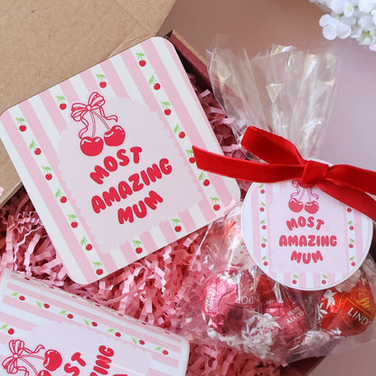 Most Amazing Mum cherry stripe ceramic mug in pink gift box — Mother's Day gift Perth by The Goodie Box