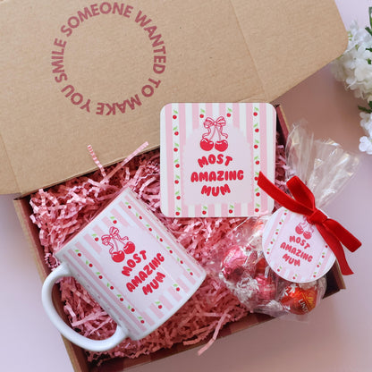 Mini Mother's Day mug gift set Perth — Most Amazing Mum cherry mug, coaster and Lindt truffles by The Goodie Box