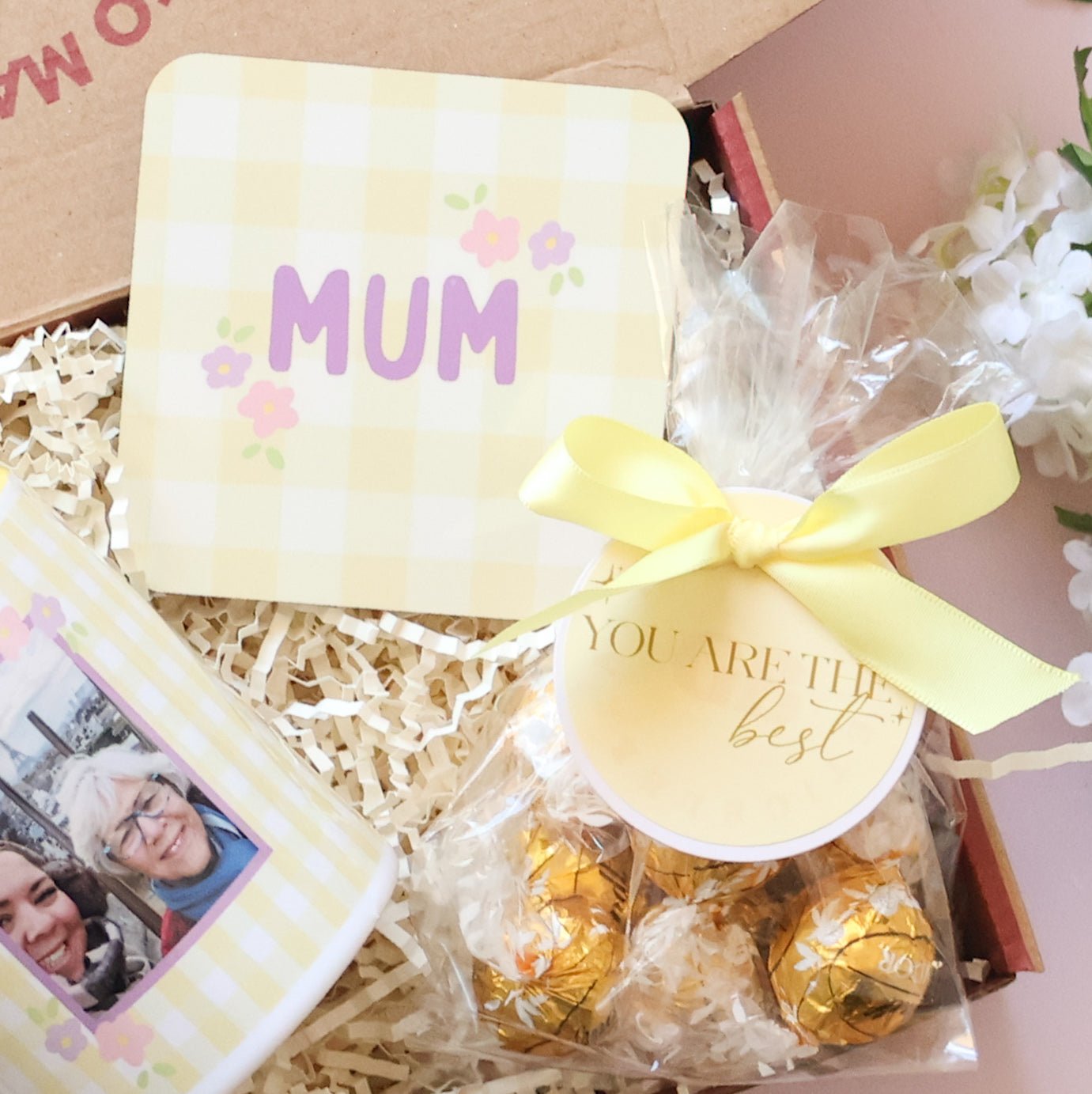 MUM gingham coaster and gold Lindt truffles with yellow bow — Mini Mother's Day personalised gift set Perth by The Goodie Box