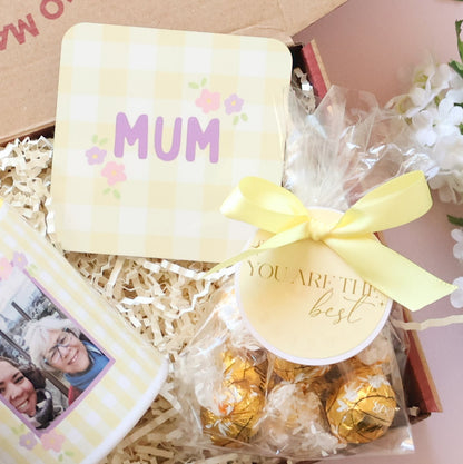 MUM gingham coaster and gold Lindt truffles with yellow bow — Mini Mother's Day personalised gift set Perth by The Goodie Box
