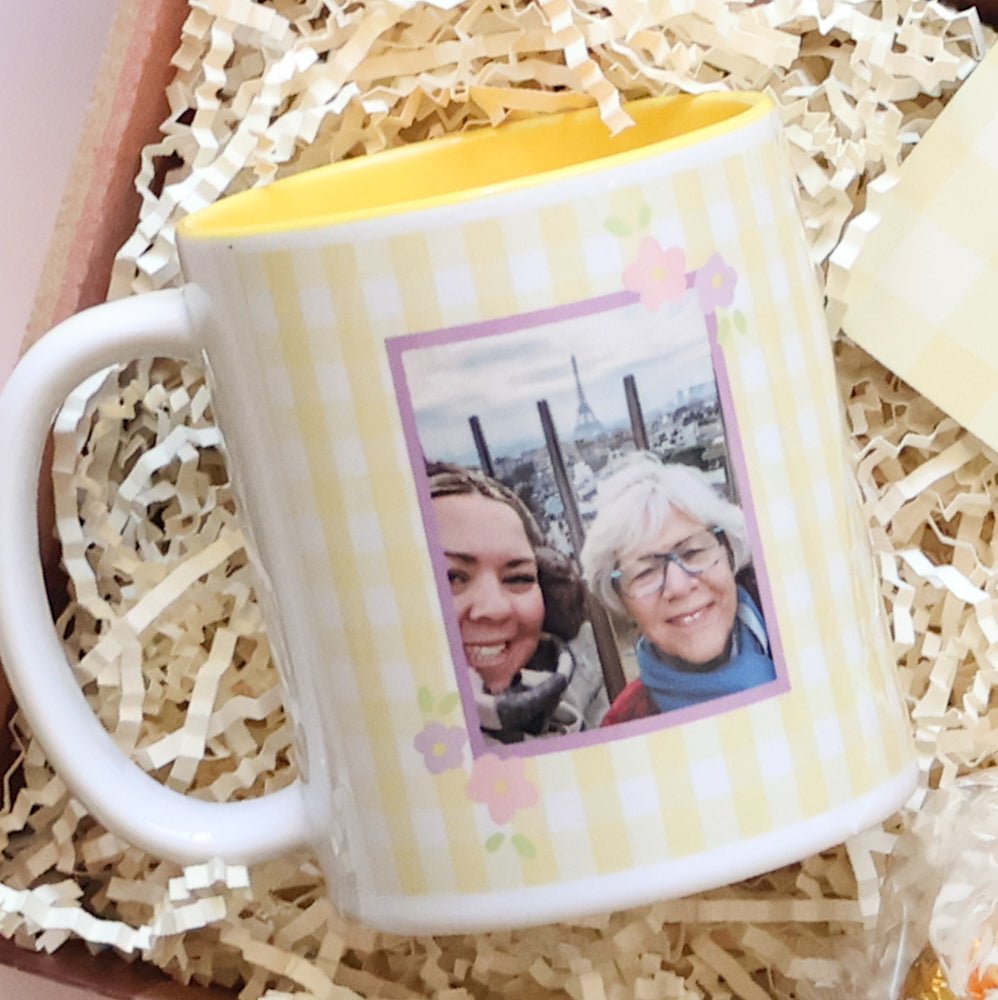 Mini Mother's Day personalised photo mug gift set Perth — yellow gingham mug, MUM coaster and Lindt truffles by The Goodie Box