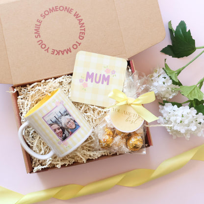 Yellow gingham MUM ceramic mug — personalised Mother's Day gift set Perth by The Goodie Box
