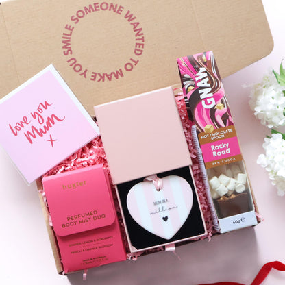 Mother's Day gift box Perth featuring Mum in a Million ceramic heart keepsake, Huxter body mist duo, GNAW hot chocolate spoon and Love You Mum card by The Goodie Box