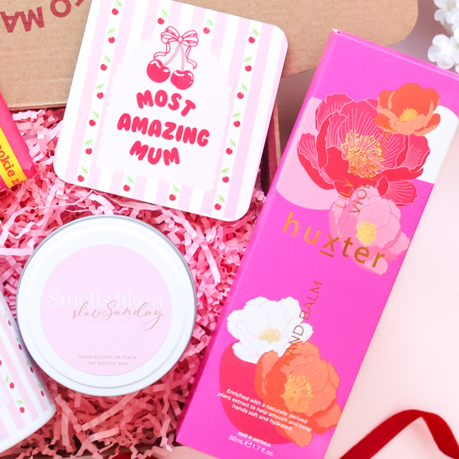 Most Amazing Mum coaster, Slow Sunday candle and Huxter hand balm detail — Mother's Day gift hamper Perth by The Goodie Box