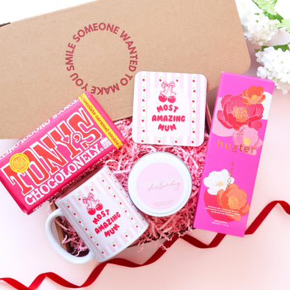 Mother's Day gift hamper Perth featuring Tony's Chocolonely, Most Amazing Mum mug and coaster, Slow Sunday candle and Huxter hand balm by The Goodie Box
