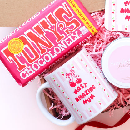 Tony's Chocolonely caramel cookie and Most Amazing Mum cherry mug detail — Mother's Day gift hamper Perth by The Goodie Box