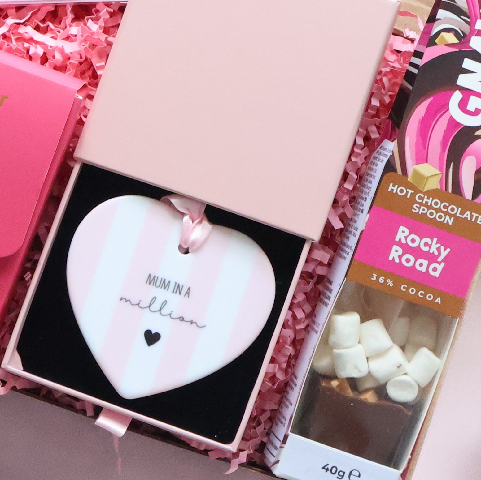 Mum in a Million ceramic heart keepsake in pink gift box and GNAW Rocky Road hot chocolate spoon — Mother's Day gift Perth by The Goodie Box