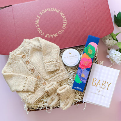 Hand Knitted New Baby Boy Gift Box with cardigan, booties, New Arrival candle, Huxter body cream and Baby card