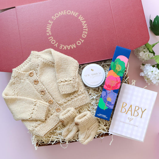 Hand Knitted New Baby Boy Gift Box with cardigan, booties, New Arrival candle, Huxter body cream and Baby card