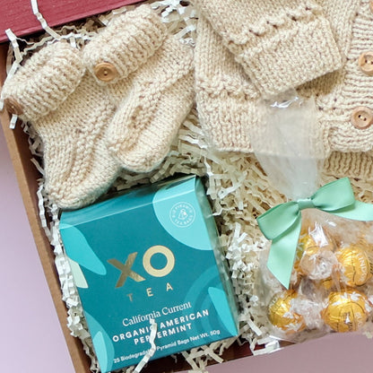 Mum and bub gift box with hand knitted Scottish booties, XO Tea and Lindt chocolates