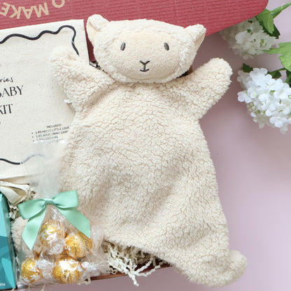 New baby gift box with soft lamb comforter, Lindt chocolates and XO Tea