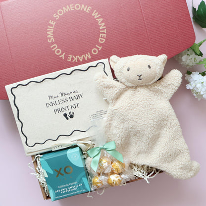 New baby gift box with lamb comforter, inkless print kit, XO Tea and Lindt chocolates