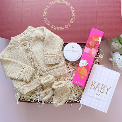Hand Knitted New Baby Girl Gift Box with cardigan, booties, New Arrival candle, Huxter body cream and Baby card