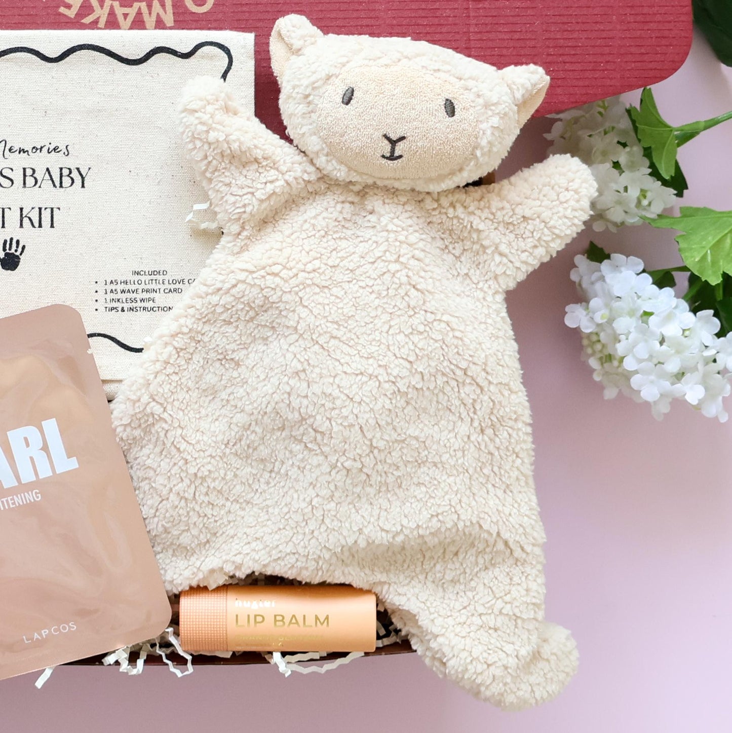 New baby girl gift box with lamb comforter, Huxter lip balm