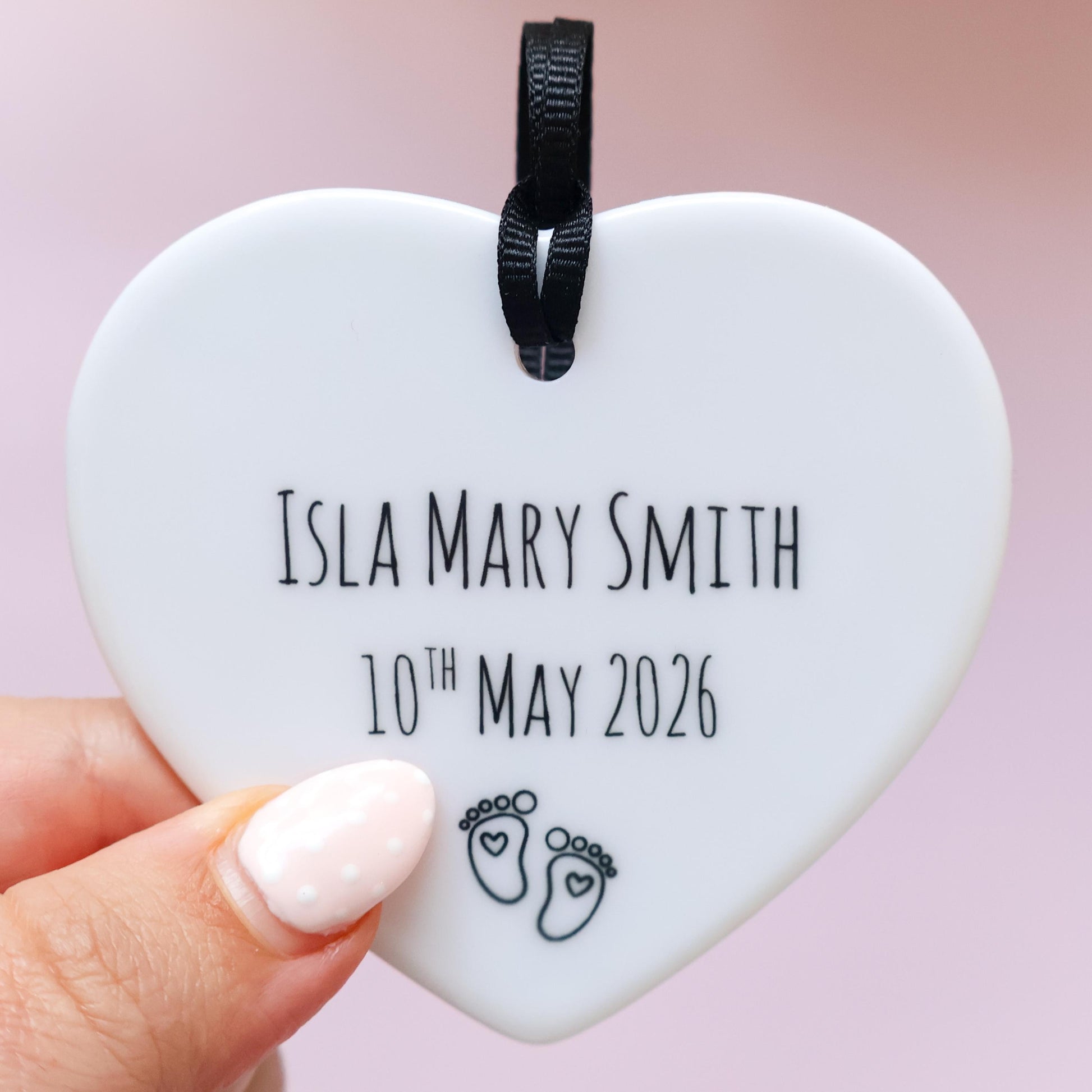 Personalised New Baby Gift Box ceramic heart keepsake with baby name Isla Mary Smith and birth date, handmade 