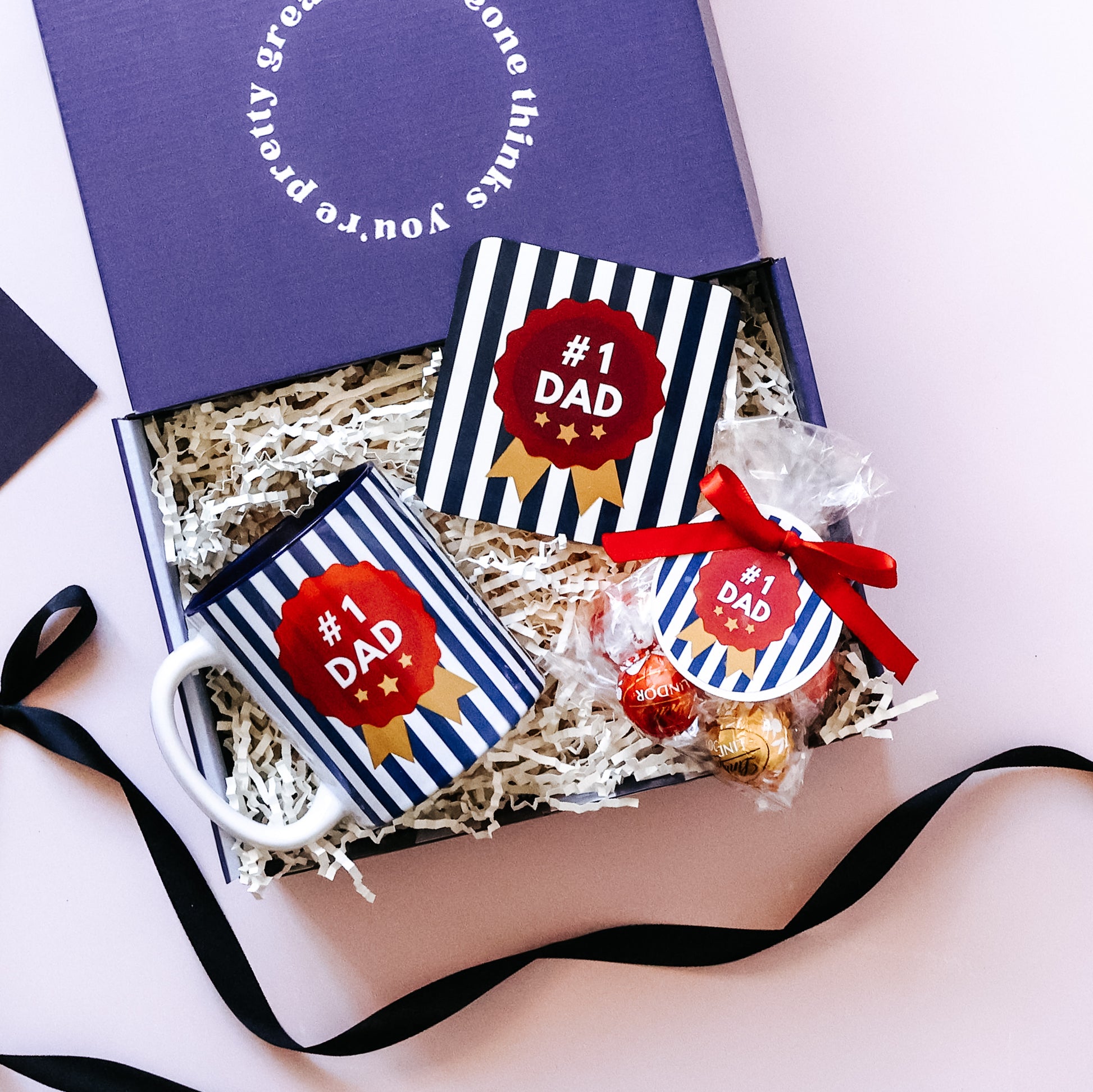 Mini Father's Day mug gift set with a striped No 1 Dad mug, coaster and Lindt Lindor chocolates
