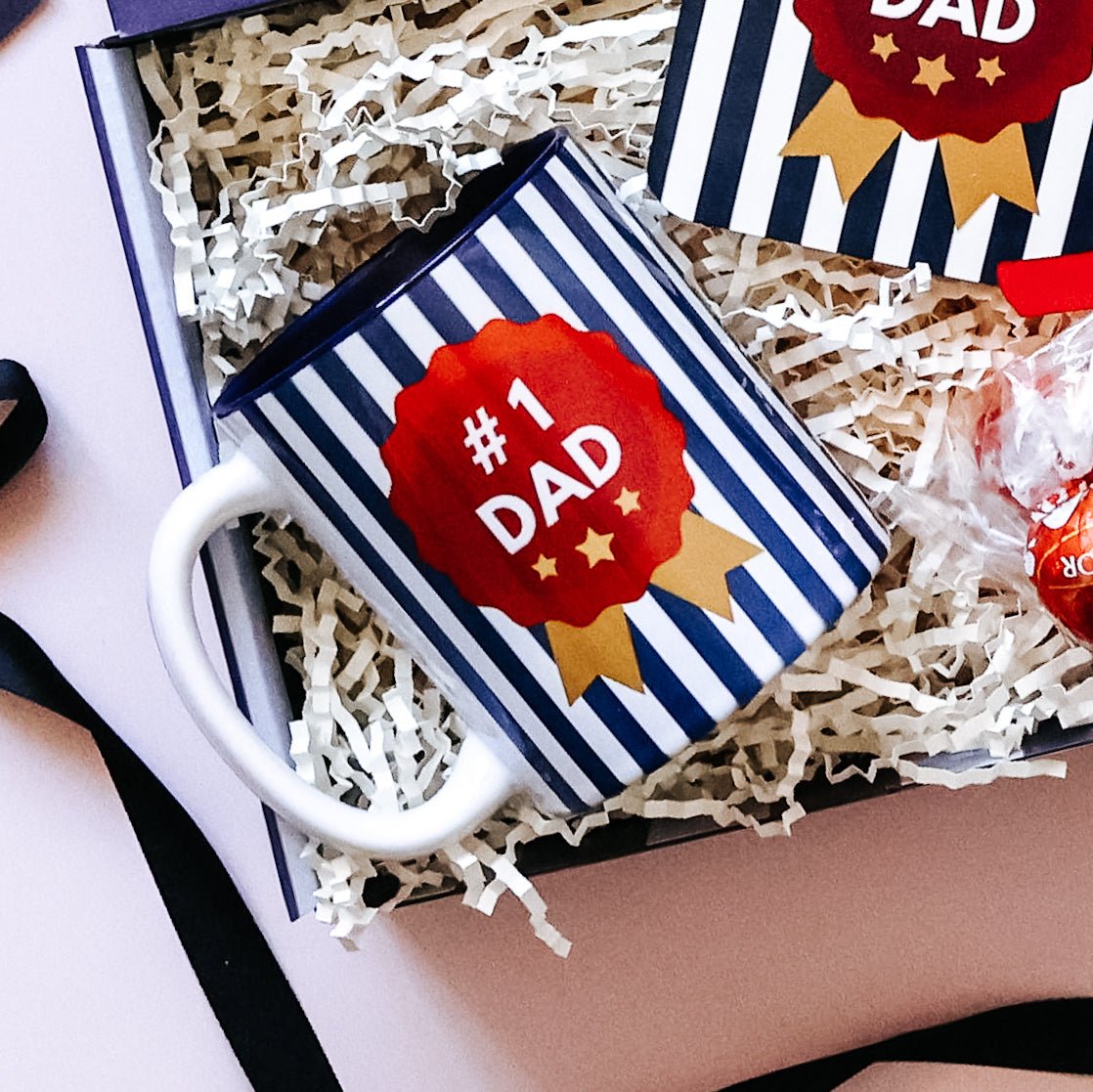 Blue and white striped No 1 Dad mug in a mini Father's Day mug gift set