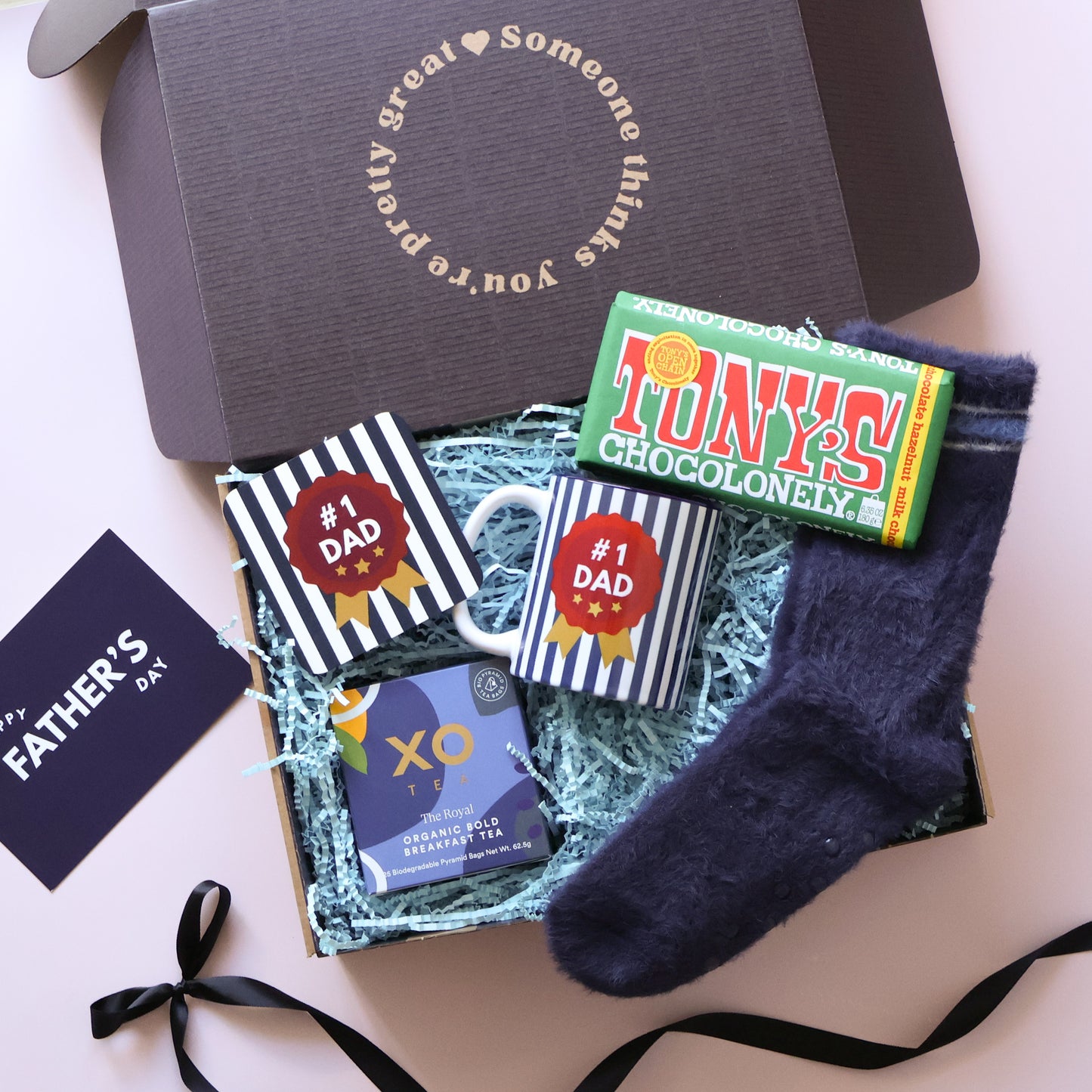 No 1 Dad Father's Day gift hamper with striped mug, XO tea, Tony's Chocolonely and navy socks
