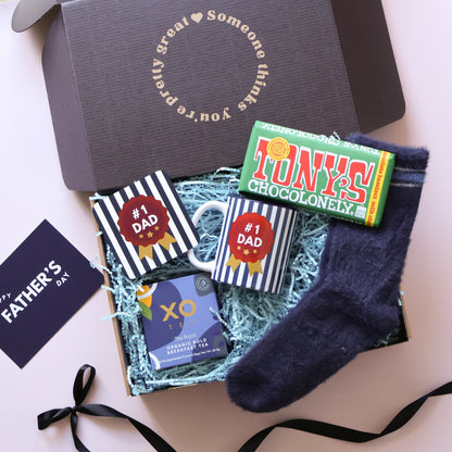 No 1 Dad Father's Day gift hamper with striped mug, XO tea, Tony's Chocolonely and navy socks