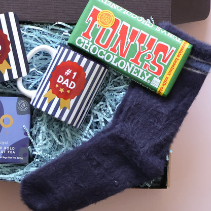 No 1 Dad mug with Tony's Chocolonely and cosy navy socks in a Father's Day gift hamper