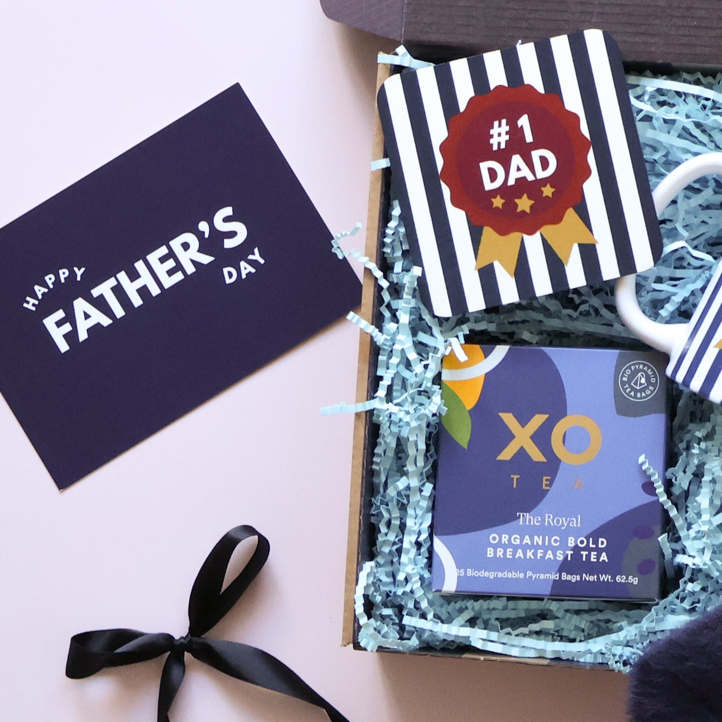 No 1 Dad striped mug and coaster with XO organic breakfast tea in a Father's Day gift hamper