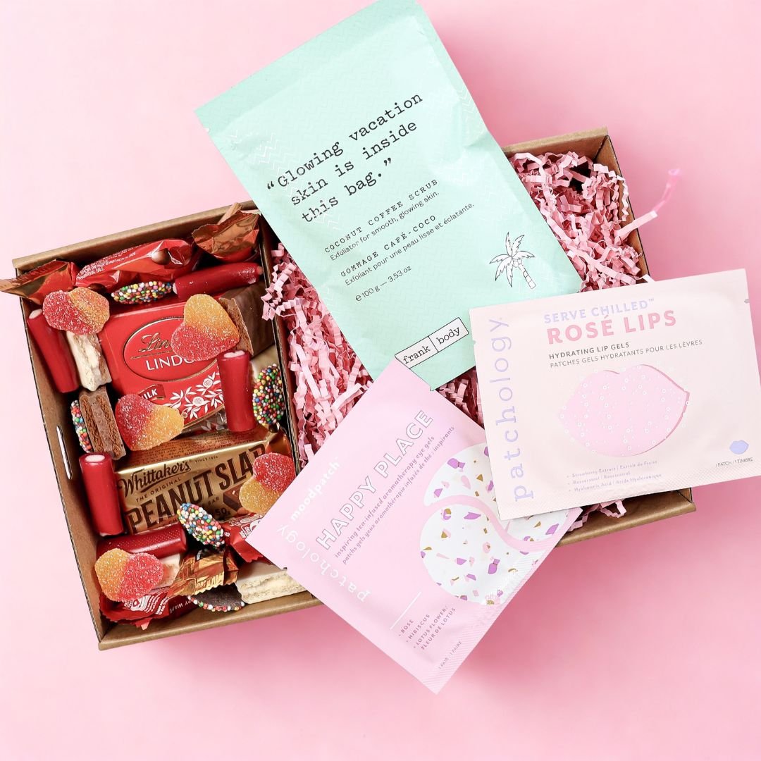 Pamper Hamper for Her — Frank Body scrub, eye mask, lip mask, chocolates and lollies