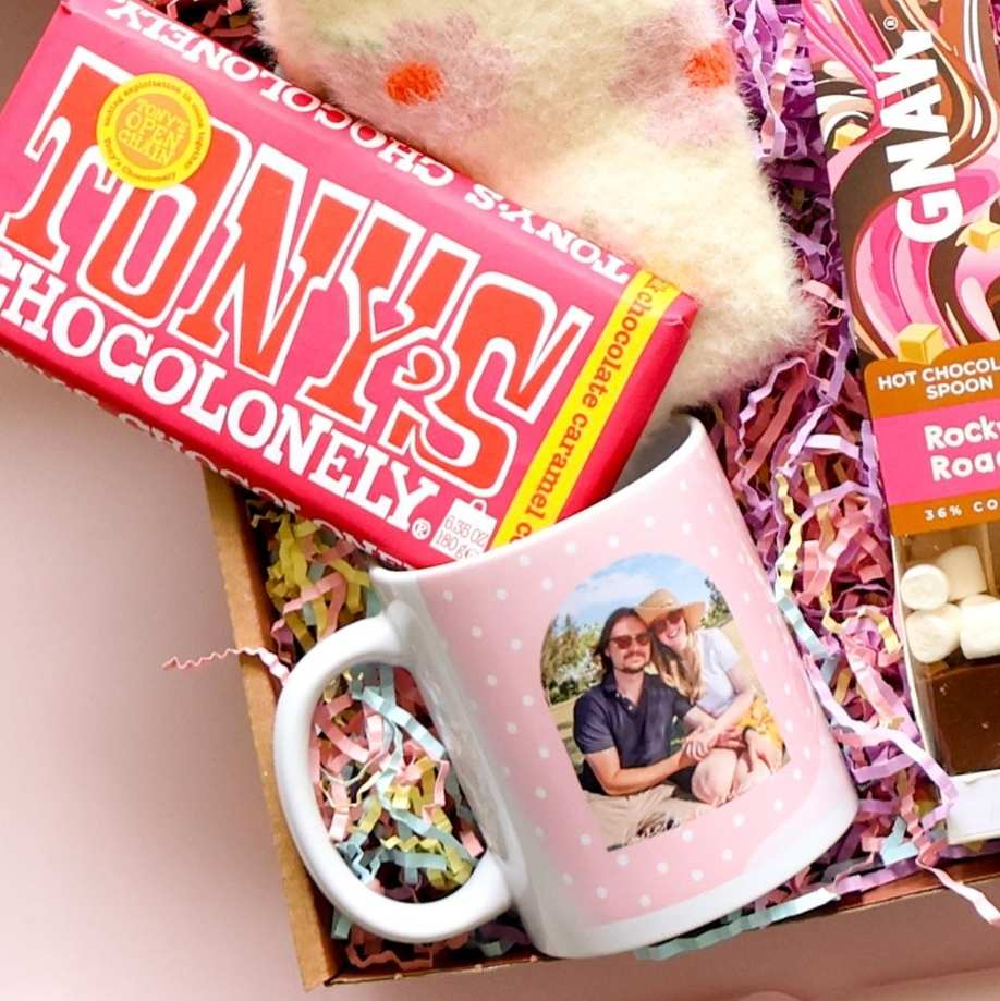 Personalised birthday gift box close up showing custom photo mug Tony's Chocolonely and Gnaw Rocky Road hot chocolate spoon Perth