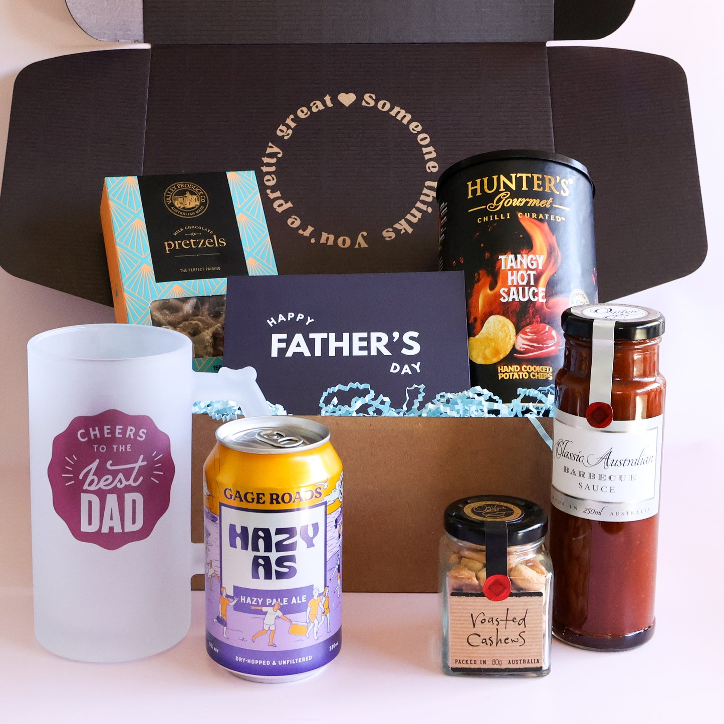 Personalised Father's Day beer and snacks gift hamper with a Best Dad stein, Gage Roads pale ale, chips and BBQ sauce