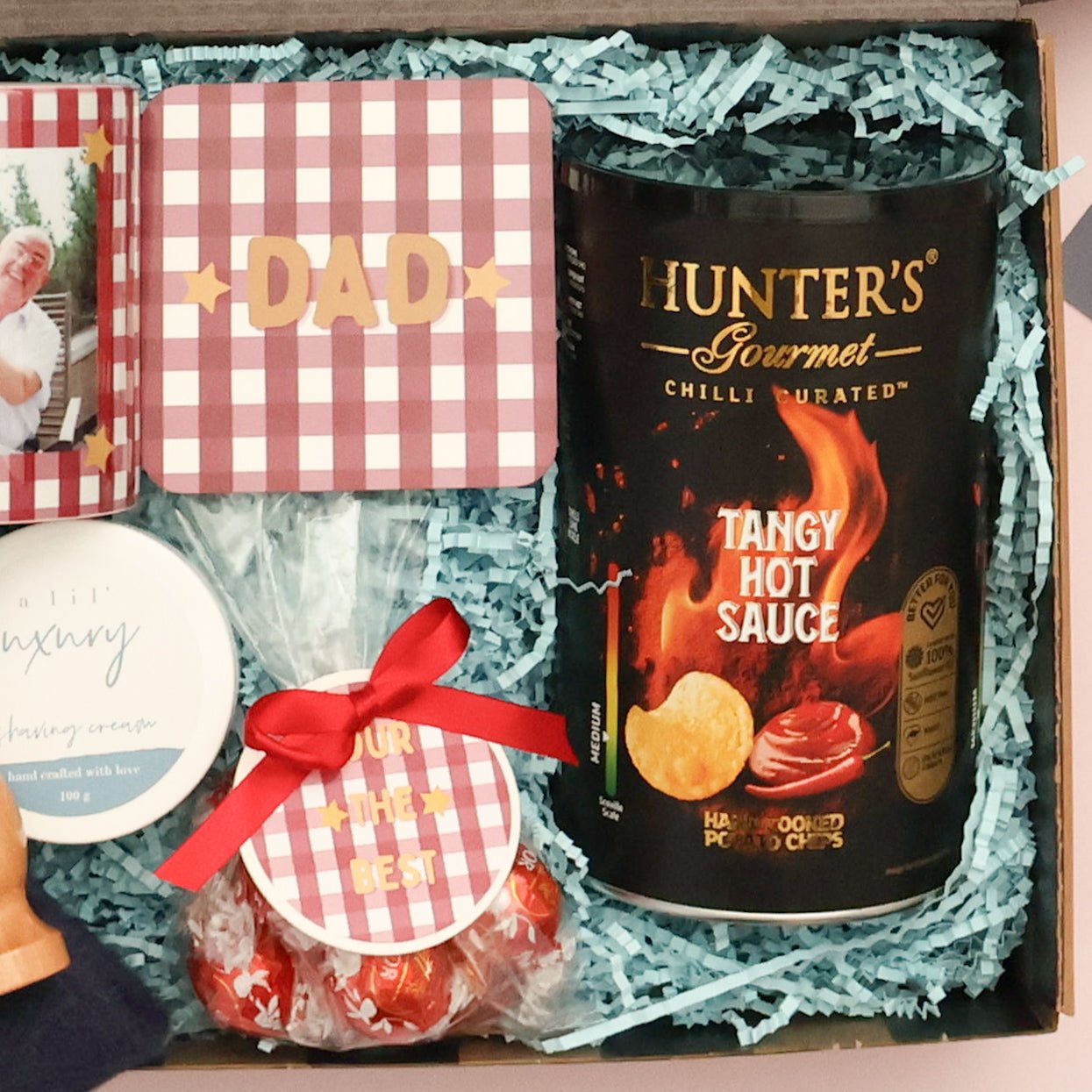Personalised photo mug and gingham Dad coaster with Hunter's chips in a Father's Day hamper
