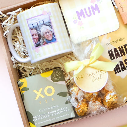 Personalised photo mug, XO Tea Native Wellness and gold Lindt truffles detail — personalised Mother's Day gift hamper Perth by The Goodie Box