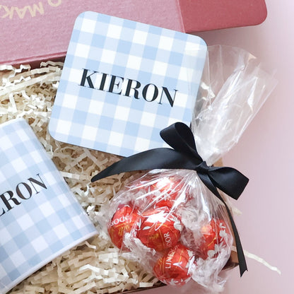 Close up of personalised gingham coaster and Lindt Lindor chocolates in personalised gift set for him