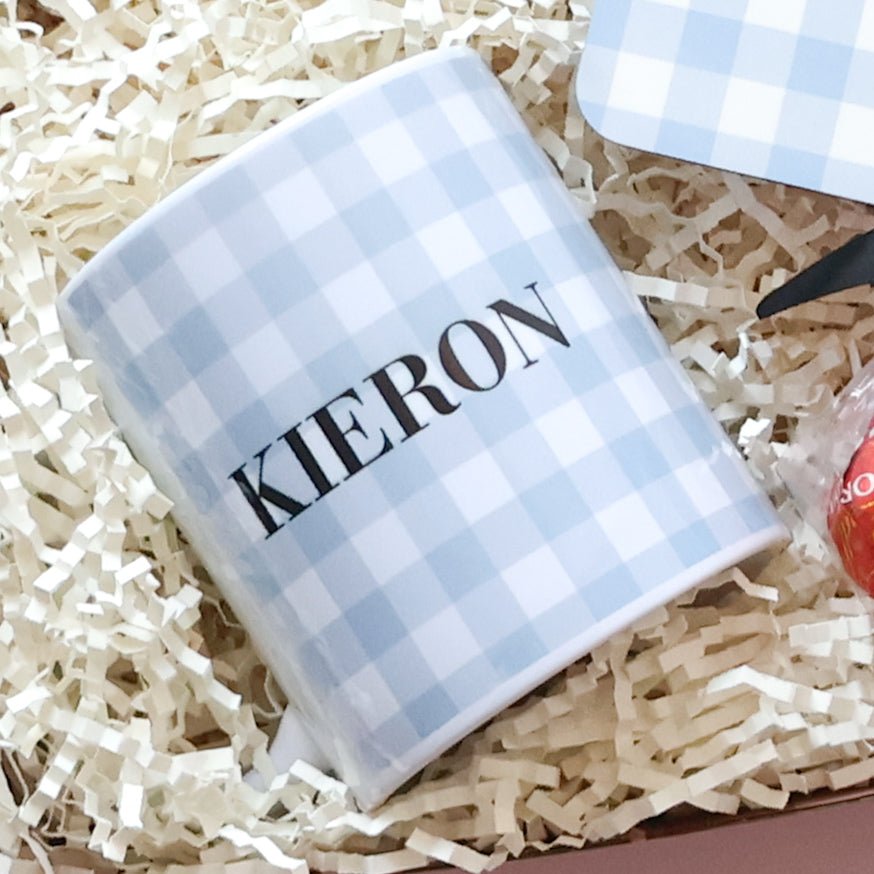 Close up of personalised gingham name mug in personalised gift set for him
