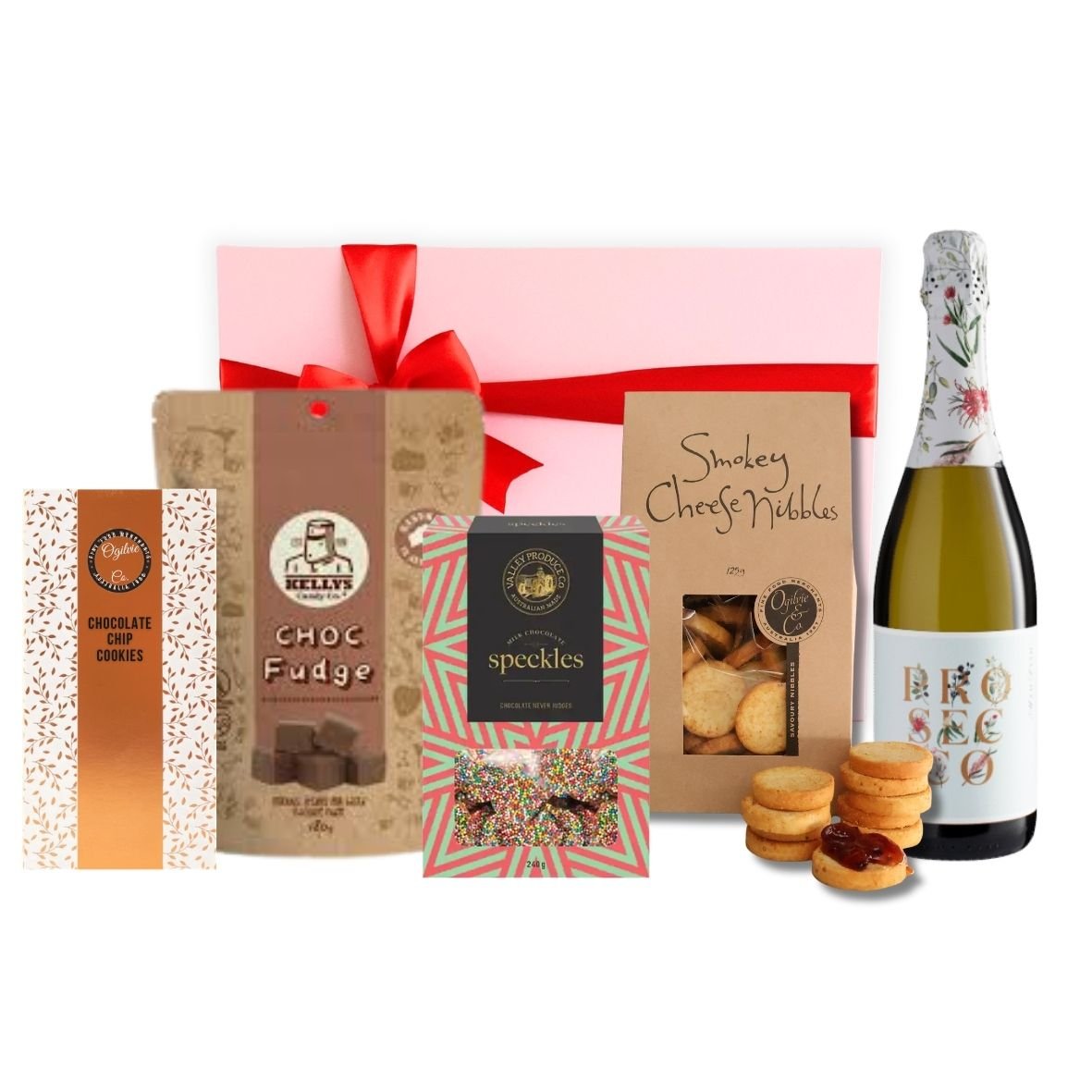 Prosecco & Nibbles Gift Hamper with a bottle of prosecco, Ogilvie & Co chocolate chip cookies, Kelly's choc fudge, milk chocolate speckles and smokey cheese nibbles in a pink gift box with red ribbon