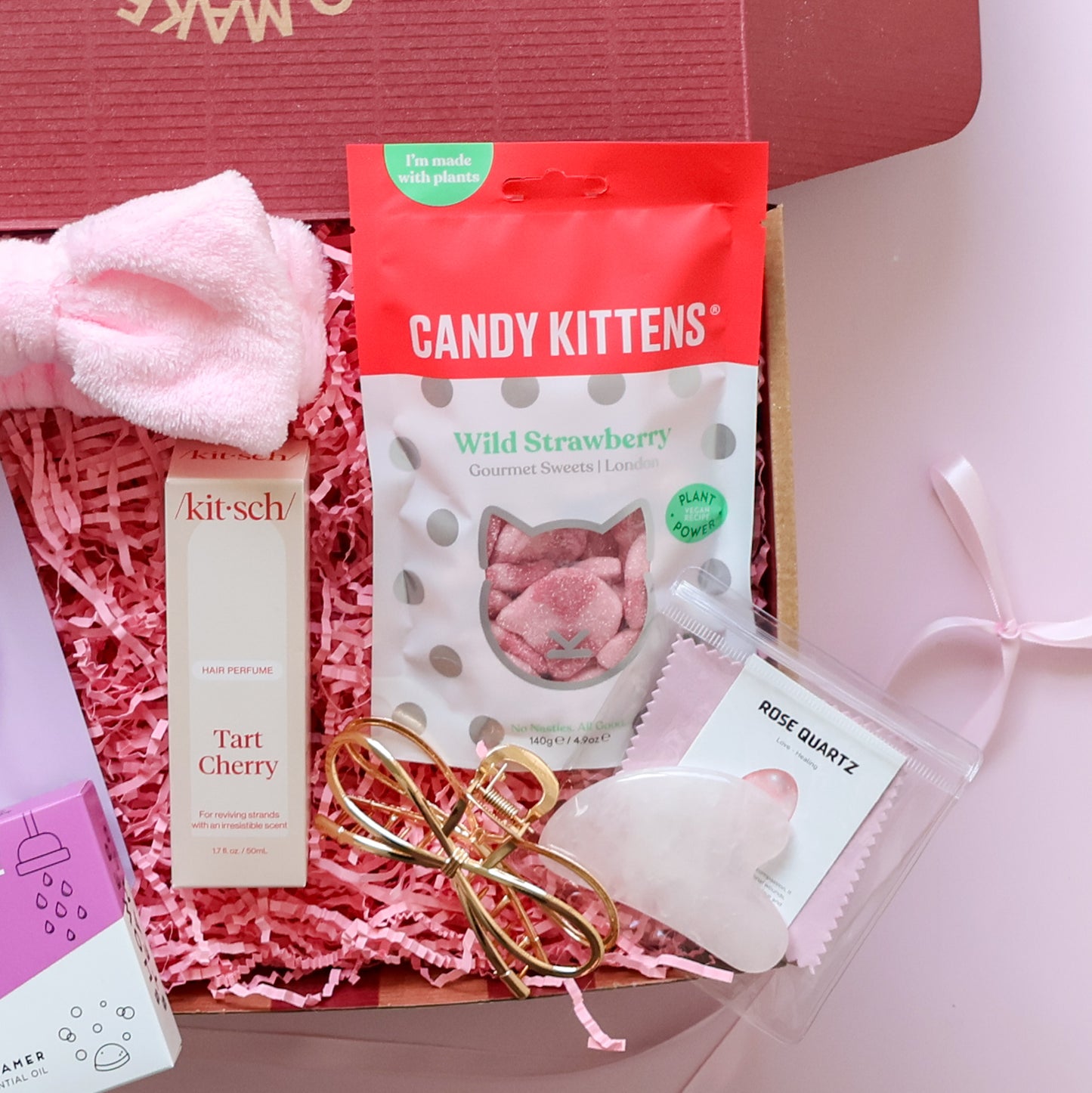 self care gift box Perth with Kitsch Tart Cherry hair perfume, Candy Kittens wild strawberry sweets, gold claw clip and rose quartz gua sha
