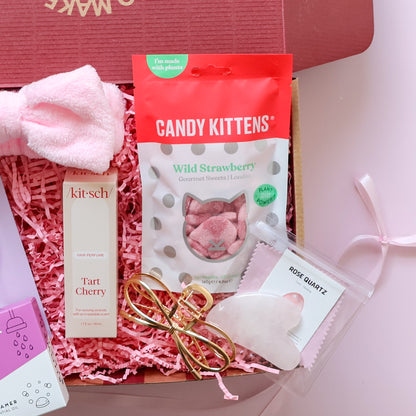 self care gift box Perth with Kitsch Tart Cherry hair perfume, Candy Kittens wild strawberry sweets, gold claw clip and rose quartz gua sha
