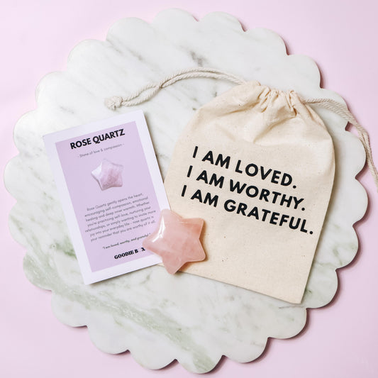 Rose quartz star crystal with affirmation drawstring bag and information card – Goodie Box gift box add-on Perth