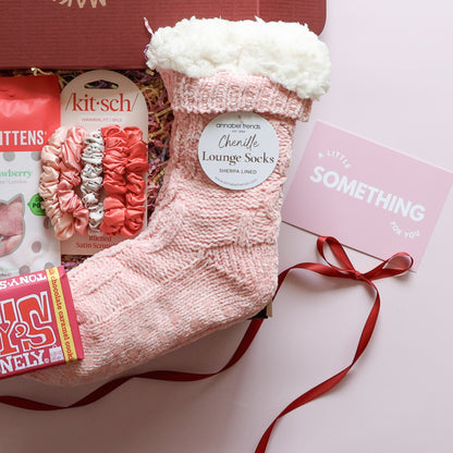 Pink sherpa lined chenille lounge socks in a sweets and treats gift box for her