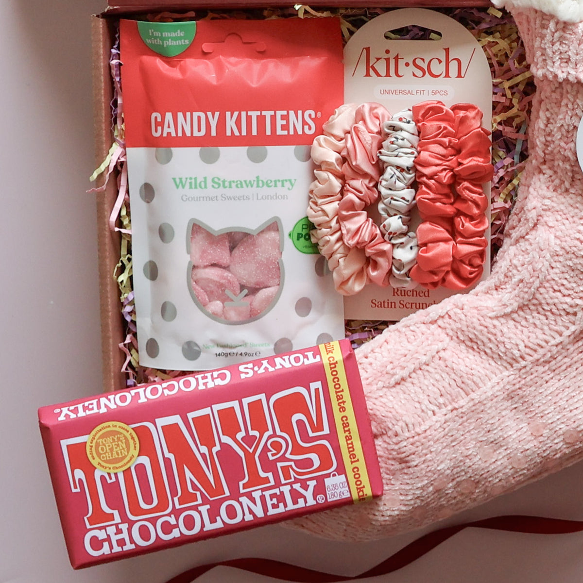 Tony's Chocolonely, Candy Kittens strawberry lollies and Kitsch satin scrunchies in a sweets and treats gift box for her
