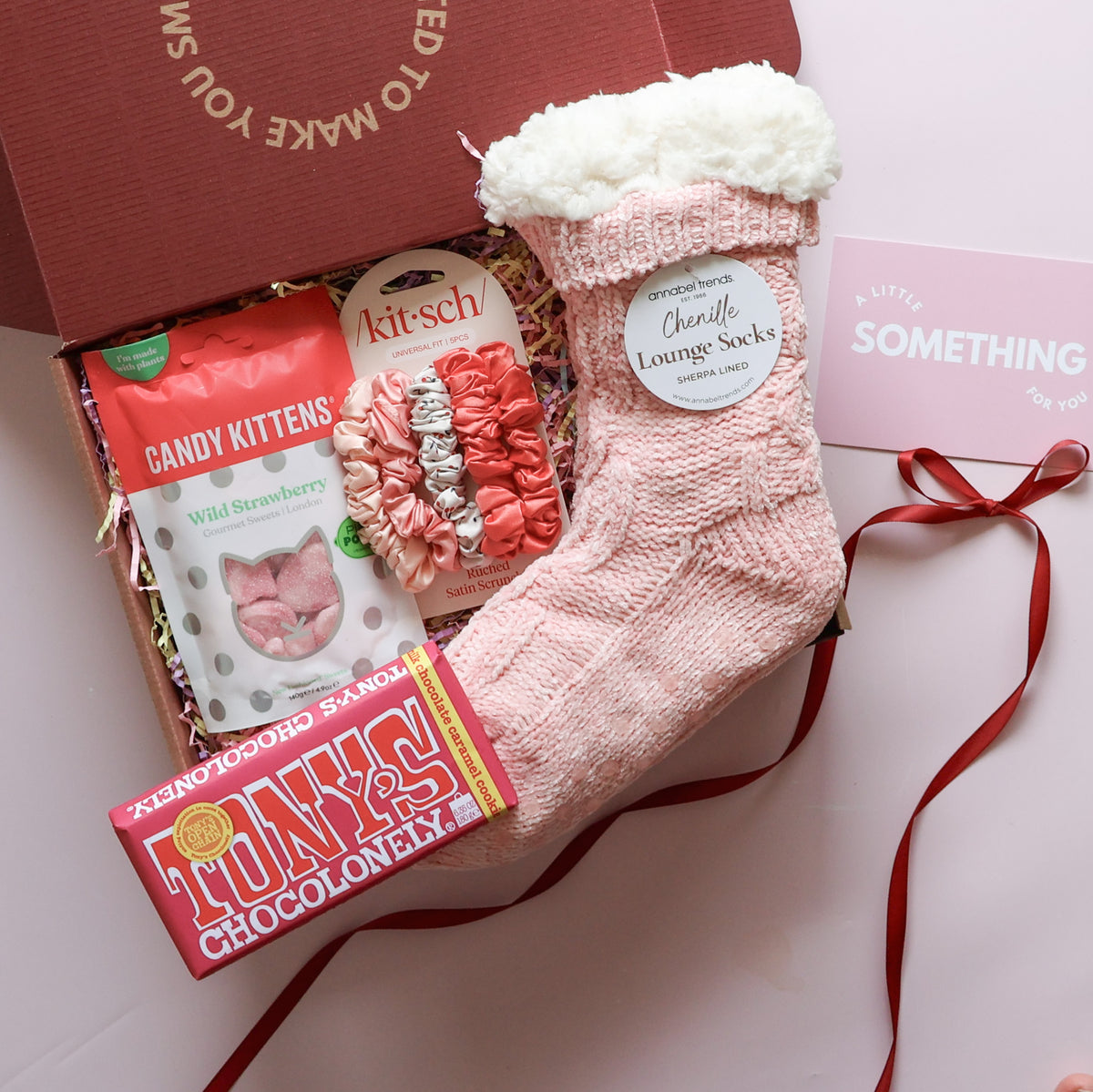 Sweets and treats gift box for her with chenille lounge socks, satin scrunchies, Tony's chocolate and strawberry lollies
