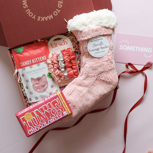 Sweets and treats gift box for her with chenille lounge socks, satin scrunchies, Tony's chocolate and strawberry lollies