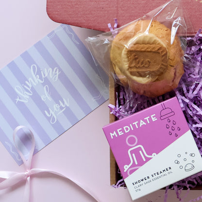 Mini Big Hug Care Package showing loaded cookie and  clary sage shower steamer with Thinking of You card