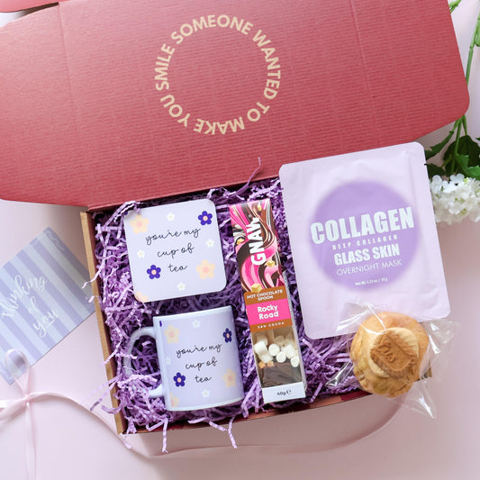 Care Package Perth open showing matching mug and coaster Gnaw hot chocolate spoon Lapcos collagen face mask and loaded filled cookie